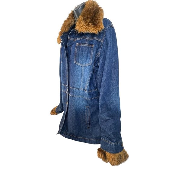 vintage y2k faux fur trim insulated‎ mid lengt denim coat jacket sz L - Picture 4 of 8